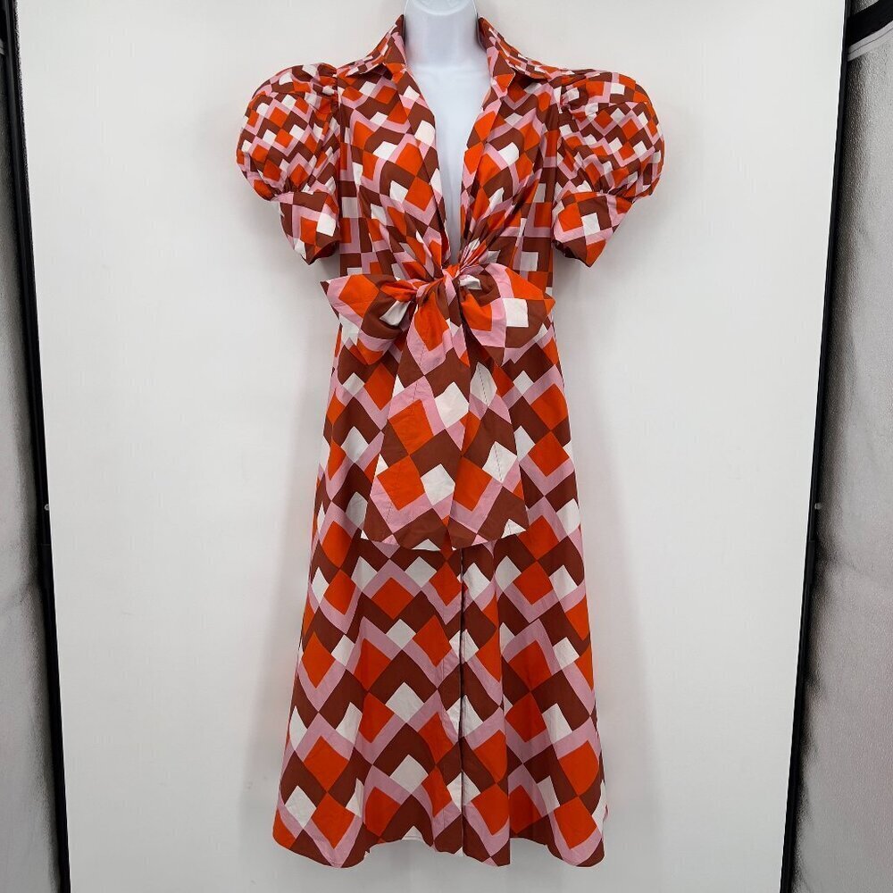 Silvia Tcherassi Roopal Geometric Rouge Puff Sleeve Midi Designer Dress Size S